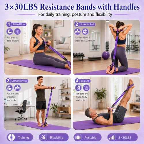 Image of Multifunction Pedal Resistance Band with Handle, Stretch Band, Tape Measure | Adjustable 3x30LB Rubber Exercise Bands, Home Gym for Full Body Workout, Abs Core Waist Arm Leg, Pilates and Physical Therapy
