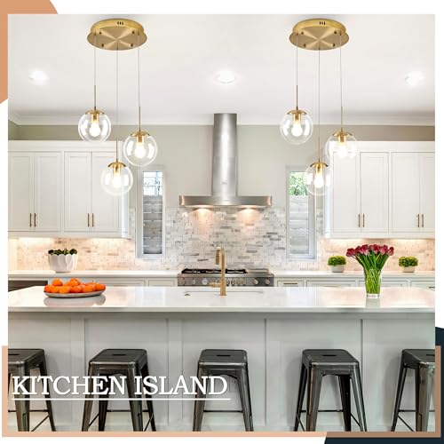 KoKo&Yukina 3-Light Globe Glass Pendant Light Modern Gold Clear Globe Glass Chandelier Adjustable Length Pendant Lights Fixtures High Ceiling Light for Kitchen Island Foyer (Bulb & Remote Incl.) by KoKo&Yukina - Image 8