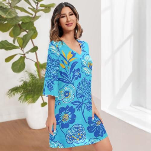 Robe trapèze mousseline fluide masquant les rondeurs imprimé bleu - 3