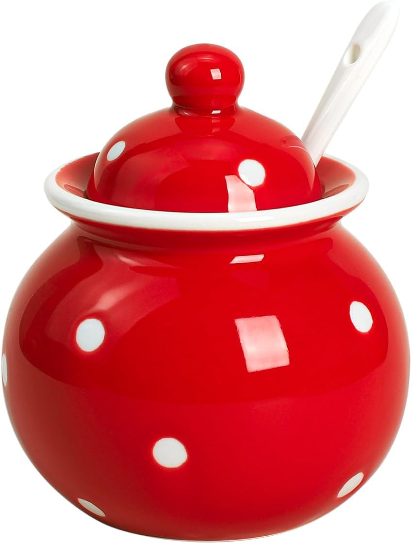 Ceramics Dot Sugar Salt Pepper Storage Jar Seasoning Pot with Spoon