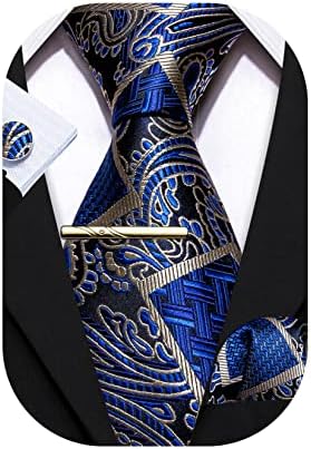 Barry.Wang Men Paisley Floral Silk Tie Set Necktie Solid Handkerchief Cufflinks Tie Clip Wedding Business (Solid Black Flower)
