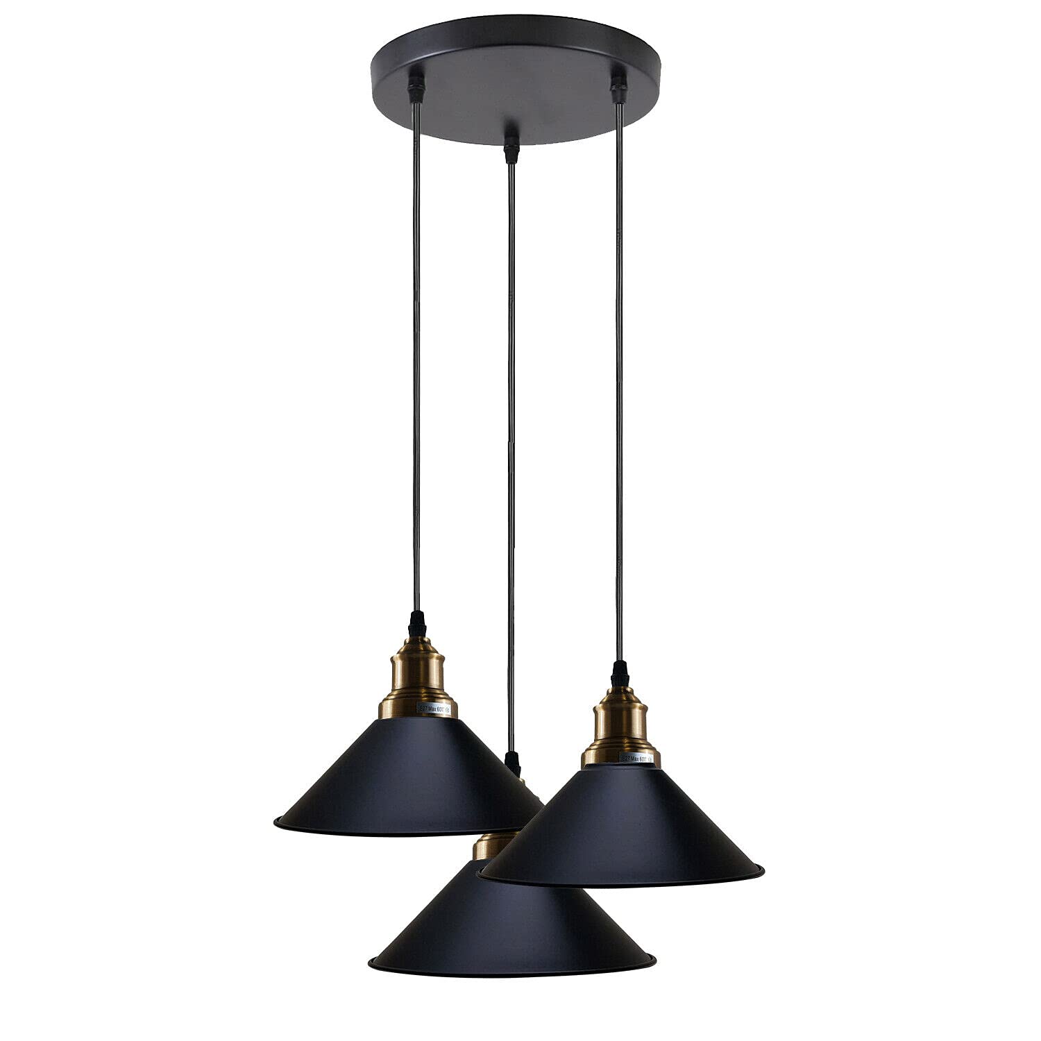 LEDSone Industrial 3 Head Black Metal Ceiling Pendant Light, Adjustable Hanging Light Fixture, Retro Style Ceiling Pendant Lamp with 20cm Round Ceiling Rose for Living Room Dining Room and Cafe — image 1