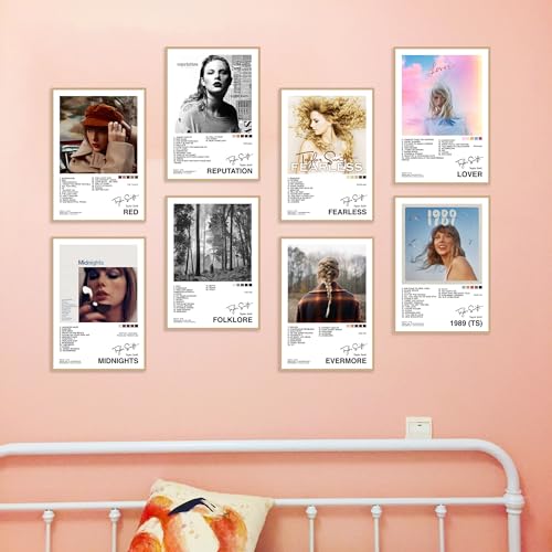 Image of CodersParadise Pack of 8 Music-Inspired Album Art Wall Posters | Aesthetic Pop Music Fan Art Prints | 8x12 Inch (A4 Size) Wall Decor Posters with Glue Dots | Bedroom, Living Room, Office Decoration
