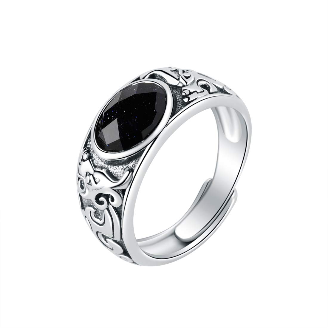 SA SILVERAGE925 Sterling Silver Black Agate Wedding Ring for Men Adjustable Band Silver Ring