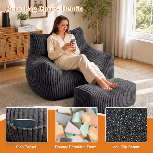 LaoGeoRon Giant Bean Bag Chairs for Adults, Large Plush Bean Bag Chair with Armrests & Ottoman, Living Room Beanbag Chair with Memory Foam Filled, Vacuum-Compressed for Easy Gifting, Black - Image 3