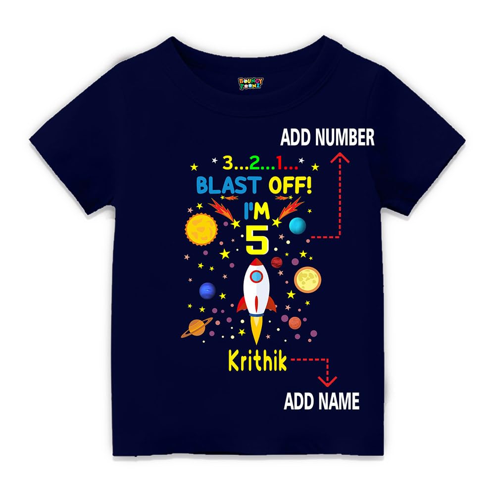 Bouncy ToonzCustomised Space Theme T Shirt Birthday Decoration for Boys - Kids Personalised Custom Return Gifts Astronaut Themed Party (cus-Space-boy)