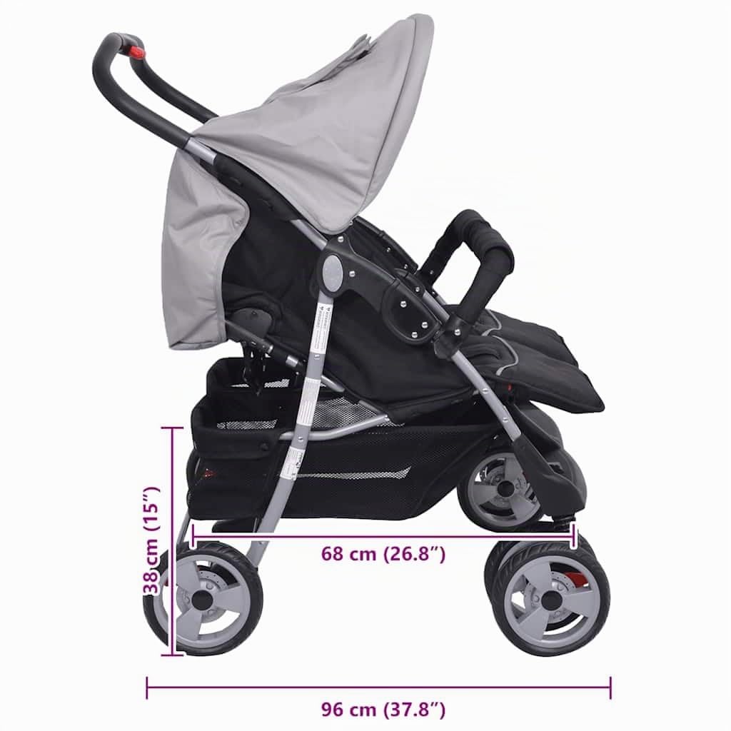 vidaXL Carrito para Gemelos Acero y Tela Oxford Gris Negro Cochecito Mellizos