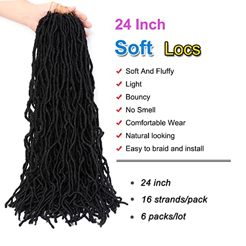 Yorda 24Inch 6Packs Soft Locs Crochet Hair For Black Women, Natural Faux Locs Crochet Braids Pre Looped, Synthetic Goddess Locs Braiding Hair (24Inch, 16Strands/Pack, 1B) #TOP1