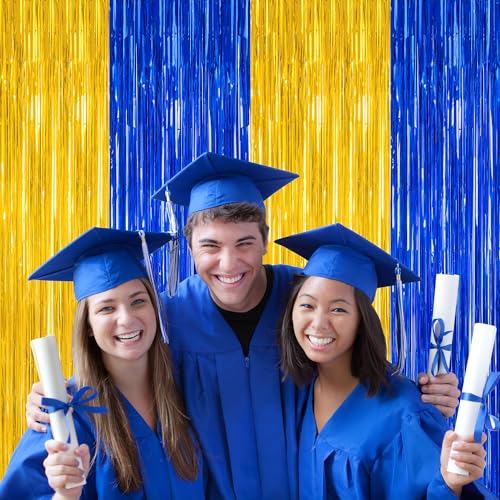 Image of ZATAYE 2 Pack Blue Gold New Years Eve Foil Curtain Streamer Decorations | Blue Gold, Metallic Foil, 3.28 x 7.05 FT, Tinsel Backdrop, Foil Curtain Streamer, New Years Eve Party