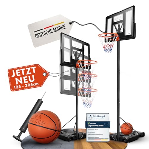 VALENESS® Basketballkorb Outdoor - [135 bis 305 cm] Höhenverstellbarer und Wetterfester Ständer - Profi Korb Mit Basketball und Pumpe für Kinder und Erwachsene