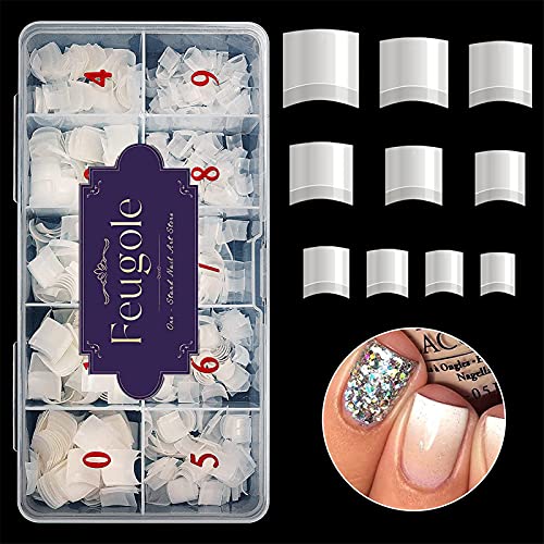 Feugole Short Square French Nail Tips, 1000 Pcs Half Cover Coffin Nail Art Tips Press on Nails with Box Acrylic Artificial Clear False Nails, 10 Size