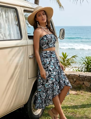 Angashion Women's 2 Piece Dress Floral Crop Top Maxi Skirt Set Outfit Dress with Pockets 2501 Green Medium — view 6