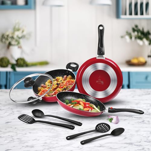 Image of Milton Pro Cook Kitchen Pride Plus Granito I Set of 7 Non Stick Cookware | Non Induction I Cooking Pan, Kadhai with Lid, Tawa, Nylon Laddle & Spatula I Maroon Metallic