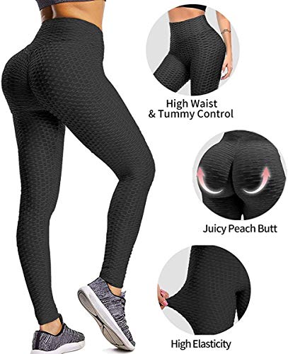 High Waist Tik Tok Yoga Pants Tummy Control Slimming Textured Booty Leggings Workout Butt Lift Anti Cellulite Tights For Women (1#-Black,M)… #TOP1