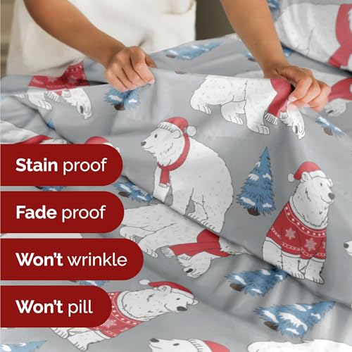 Split King Christmas Santa Bears Sheet Set - Holiday Xmas Pattern Bedding Set - Deep Pockets - Snug Fit - 5 Piece - Wrinkle Free - Comfy Festive Winter - Holiday Sheets for Women, Men, Kids & Teens