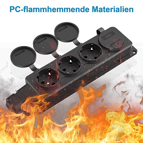 HITRENDS 4 Fach Steckdosenverteiler, 2 Stücke Außensteckdose Wasserdicht IP54, Schutzkontaktsteckdosen mit Klappdeckeln, Mehrfachsteckdose für außen, 230V/16A max. 3500W, Aussensteckdose, Schwarz 3