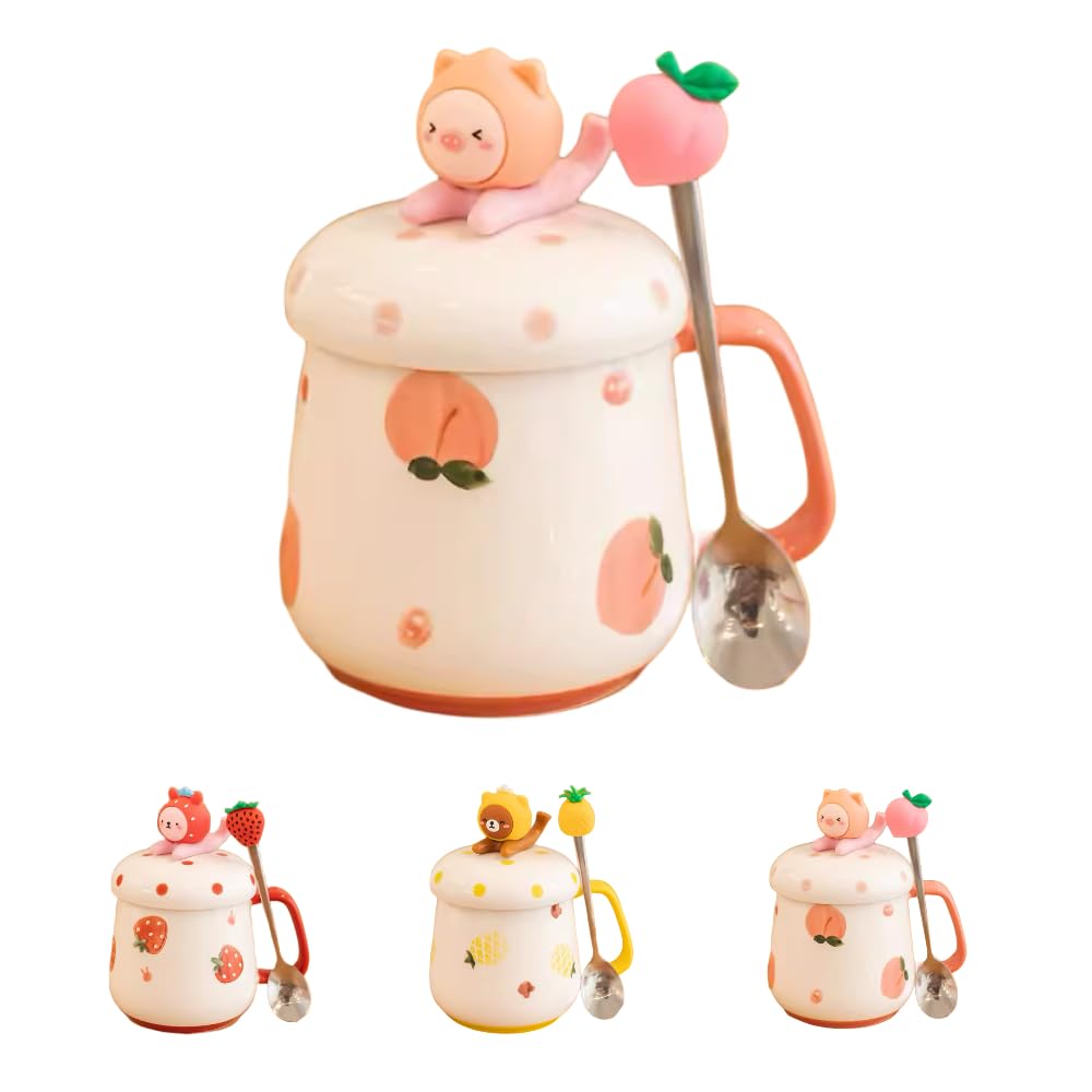 Fruit and Animal Coffee mug Pineapple Strawberry Peach, Bear Rabbit Piggy Cup, All-in-one Cup Lid Phone Holder, Spoon (Peach Piggy)