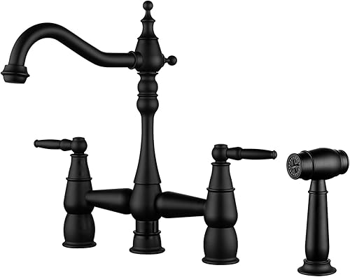 ALEASHA Grifo de cocina con rociador lateral, 4 agujeros de latón para cocina, juego central de 2 manijas, grifo vintage de 8 pulgadas para