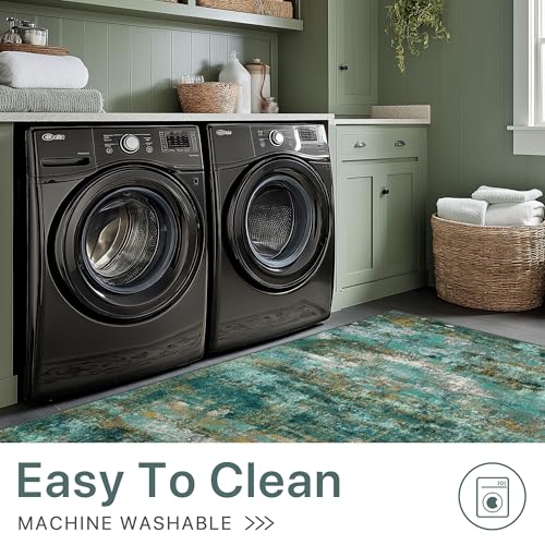 Machine Washable Rug 8x10 Area Rugs for Living Room Bedroom, Large Turquoise Abstract Area Rug Soft Throw Rugs, Low-Pile Floor Carpet with Non Slip Rubber Backing