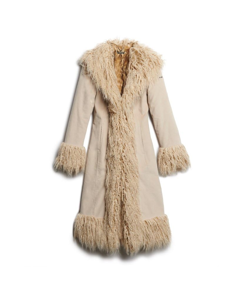 Superdry Damen Längerer, afghanischer Mantel mit Kunstfellfutter Stonewash Taupe Braun 38