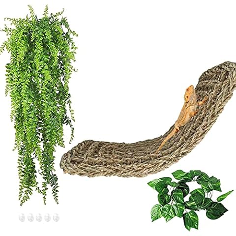 kathson Bearded Dragon Hammock,Large Lizard Lounger,Reptile Tank Hanging Plants Climbing Jungle Vines Flexible Leaves Decorations for Lizards Chameleon Gecko Snakes(3 PCS) Cover