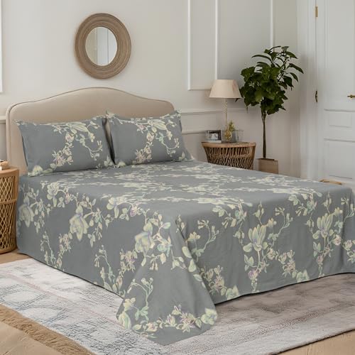 Image of Cortina Cloud Cotton King Size Bedsheet with 2 Pillow Covers | Super Soft, Breathable & Skin-Friendly Bedsheet for Double Bed King Size with Flower Print | (Grey + White,270x250 cm)