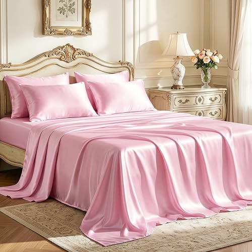 Image of Love's cabin Satin Full Sheets Set - 6 Piece Pink Silky Bed Sheets Set with Deep Pocket, Luxury Silk Feel Satin Full Size Sheet Set (1 Flat Sheet, 1 Fitted Sheet, 4 Pillow Cases)