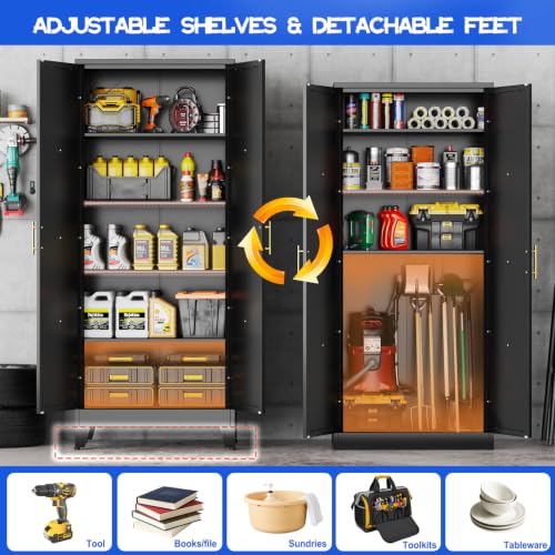 Image of GAIOUS 71 inch Tall Kitchen Pantry Cabinet,Metal Storage Cabinet Black Cupboard | Steel Office Cabinet, Freestanding Bookcase with 2 Doors and 4 Adjustable Shelves, Bathroom Kitchen Home Garage Tool Cabinet