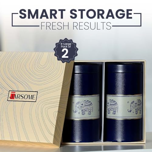 Image of Premium Airtight Kitchen Container Set |1100ML- Set of 2| Food Grade Metal Jars for Dals, Rice, Grains, Pasta & Dry Food Storage| Moisture Proof, Leakproof| Blue Elephant Design
