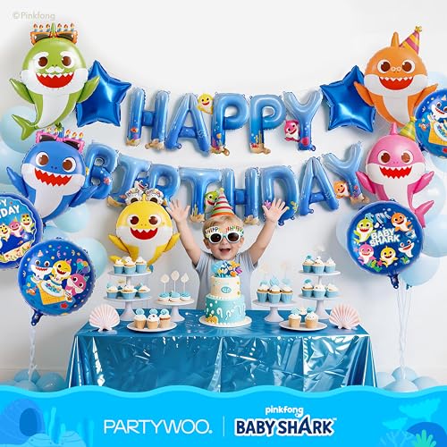 Image of PartyWoo Baby Shark Family Foil Balloons 37pcs Baby Shark Family Blue Round Star Mylar Happy Birthday Letter Balloons for Boys and Girls Under the Sea Kids Birthday Party Decorations