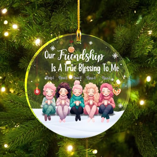 Friendship True Blessing Clear Plastic Ornaments, Christmas Decorations Personalized Name Five Girls Wear Sweater Hat with Chocolate Cup Acrylic Ornaments, Gifts for Sister Friends Bestie Siblings