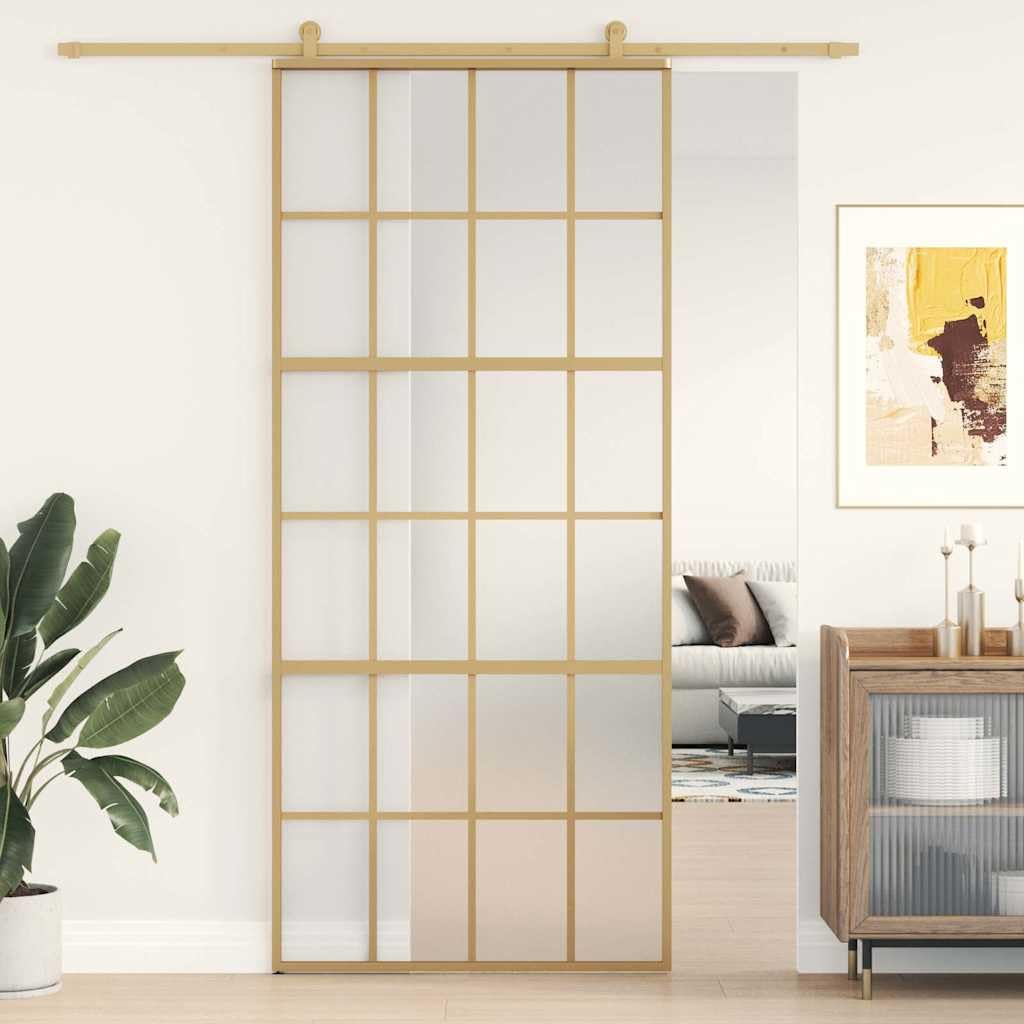 Drzwi przesuwne Golden 90 x 205 cm, matowe szkło ESG, rama aluminiowa 5 mm, grubość szkła 23,7 kg, waga do wejścia do mieszkania z izolacją akustyczną i ochroną przed włamaniem