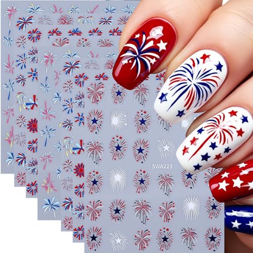 4th of July Fireworks Nail Stickers 8PCS Red White Blue Patriotic Self Adhesive Nail Art Decals Independence Day Star Fireworks USA Holiday Manicure DIY Decoration Accessories for Women