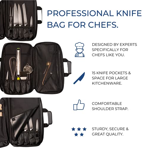 Famzigo Silver Chef Knife Bag - 29 Flexible Universal Pockets, Detachable Adjustable Shoulder Strap - Professional Kitchen Accessories - Camping Storage, Carrying Case #TOP1