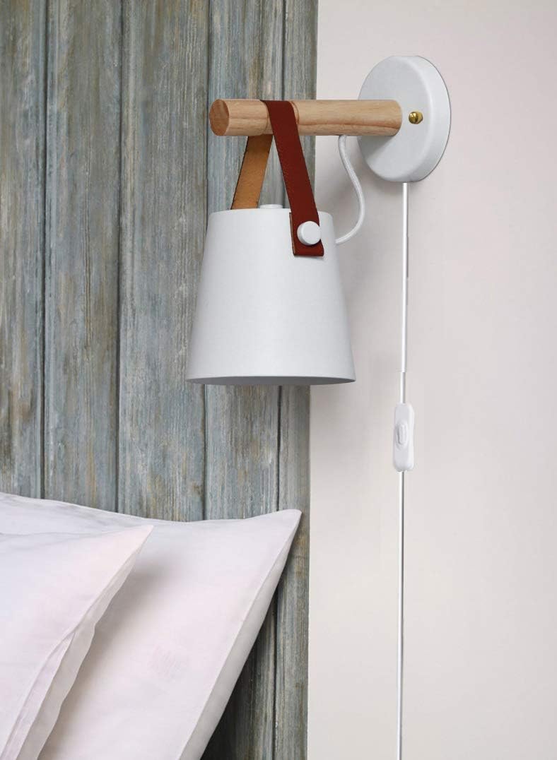 Kiven Iron Art Belt Wall Lamp UL Certification Plug-in Button Cord Lighting Round Bucket Loft Style Wall Lamp for Bathroom Dining Room Cafe Bulbs Not Included (White)