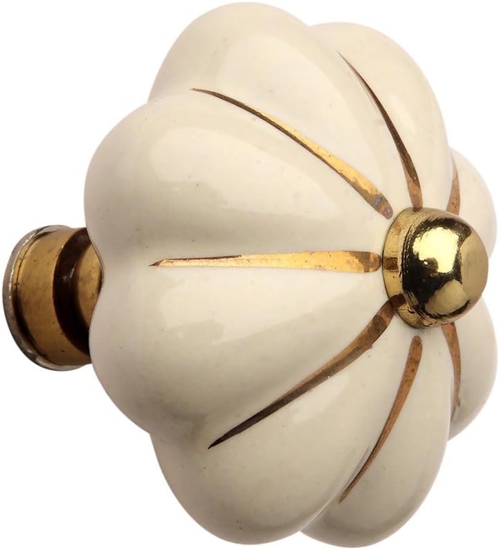 HOBKNOBS Fluted Ceramic Polished Brass Cabinet/Drawers Knob Cream/Gold