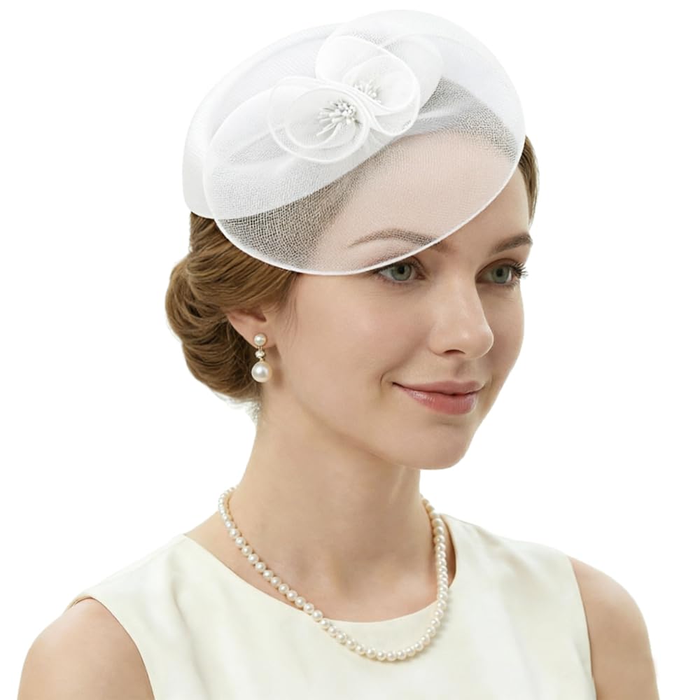 DRESHOW Fascinator Hats for Women Cocktail Tea Party Hat Netted Pillbox Hat Vintage Derby Hats for Bridal Wedding