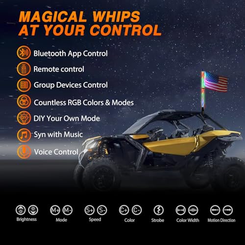 Image of Nilight RGB Whip Light 1PC 3FT Lighted Antenna Whips with Remote & App Control DIY Chasing Patterns Brake Reverse Lights for ATV UTV Polaris RZR Can-am Dune Buggy Pickup Trucks Jeep