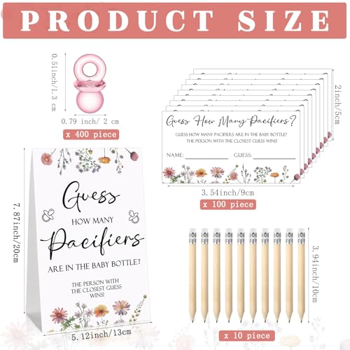 Image of Roowest 512 Pcs Baby Shower Games Guess How Many Pacifiers Sign 100 Small Guessing Games 10 HB Pencils 750ml Milk Bottle 400 Acrylic Pacifiers Decoration for Guest Gender Reveal(Pink,Wild Flower)