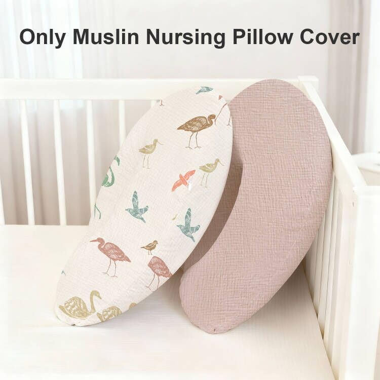 Image of Little Grape Land Muslin Nursing Pillow Covers, 100% Cotton Removable Breastfeeding Pillow Covers, Breathable Slipcover for Baby Boys & Girls, (Wetland Birds & Rosy)