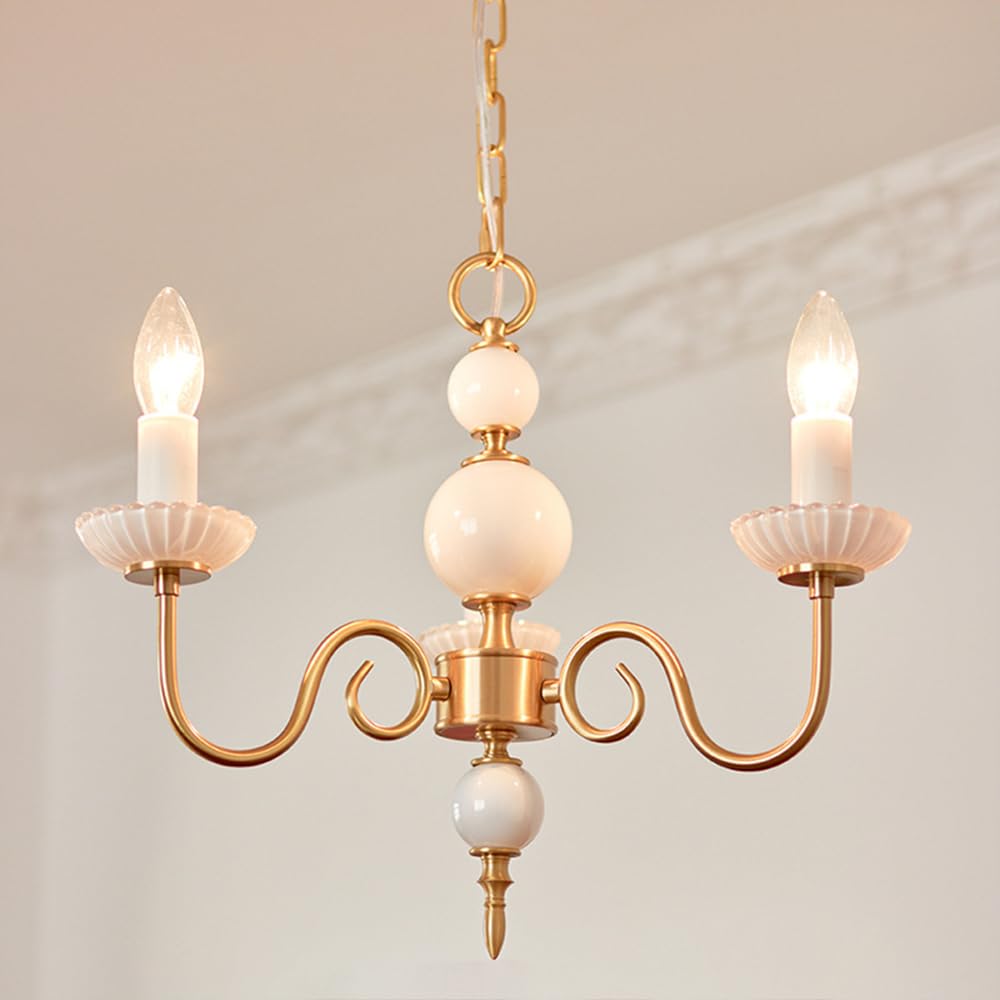LYMSXAZOU Modern Candle Chandelier Brass Pendant Ceiling Light Dining Table Lighting White Glass Hanging Chandeliers Lamps for Restaurant Bedroom Entryway