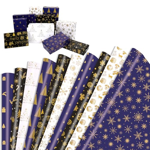 HOWAF Geschenkpapier Weihnachten Set, 70x50cm, 10 x Groß Blatt Weihnachtsgeschenkpapier Kinder Schwarz Weiß Blau Gold Packpapier