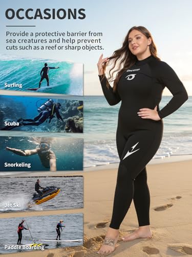Owntop Traje de neopreno de talla grande para hombres y mujeres, traje de neopreno de 3/2 mm con cremallera trasera, traje térmico de cuerpo completo, traje de buceo para buceo en agua fría, surf - imagen 7
