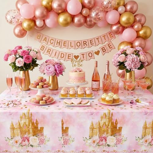 Image of 3 Pack Princess Tablecloths, 54 x 108 Inch Disposable Pink Rose Castle Themed Table Cloth Waterproof Pink Tablecloth Rectangle Birthday Party Table Cover for Girls Birthday Baby Shower Party Supplies