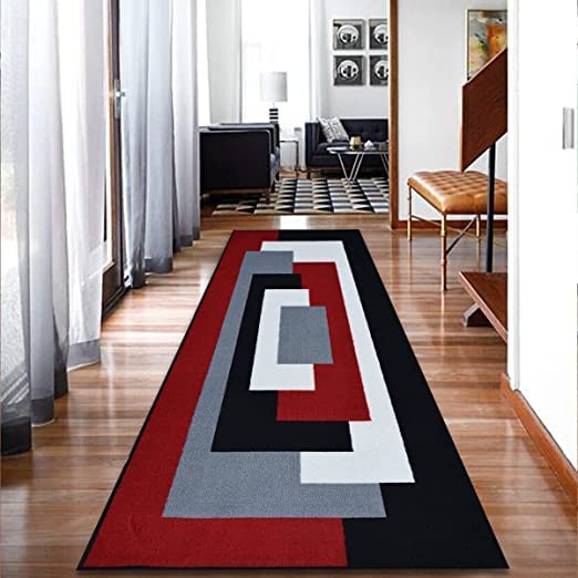 PHP Long Runner Rug for Hallways - Thick Non Slip Flat Woven Geometric Pattern Classical Indoor Carpet Runner Mat for - Kitchen Hallway Hall Bedroom Living Room, 60 x 220 cm, Black Red โ image 1