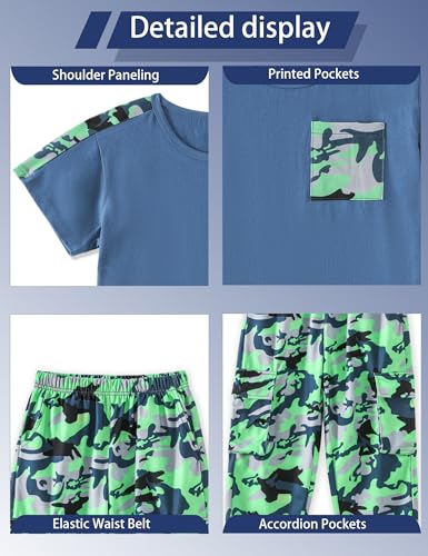 Image of mksodopy Boys Clothes Outfits Set, Camo Cargo Pants and Short Sleeve Pocket Tee 2PC Summer Tracksuit for Kids 5-16Y