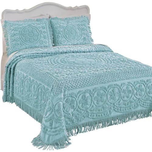 Image of Collections Etc Calista Chenille Lightweight Bedspread with Fringe Border, Turquoise, Queen