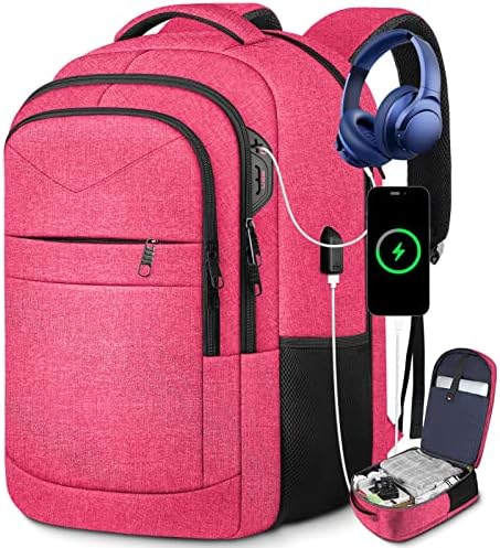 Large Backpack, Carry on Backpack, Lapsouno TSA Extra Large 17.3 Inch Travel Laptop Backpack, Water Resistant Casual Hiking Travel Daypack, Computer Bag with USB Port,Business Backpack for Women, Pink