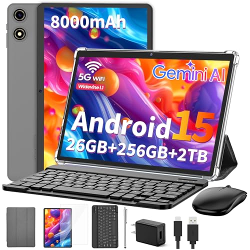 Image of Suicoey 2026 Tablet with Keyboard, 26GB + 256GB (2TB Expand), 10 inch Android 15 Tablets with Octa Core, Gemini AI, 5G WiFi, 8000mAh, BT 5.0, 2 in 1 AI Tablet with Case, Mouse, Stylus (Silver Case)