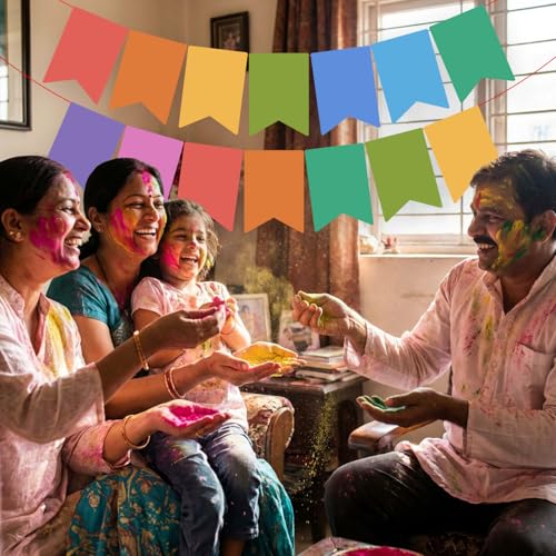 Image of Party Propz Multicolor Holi Banner - 1 Pc, (14 Flags) 34 inch Multicolor Banner for Decoration, Holi Decoration Items for Home, Outdoor, Office, Holi Decoration Items for Party (Cardstock)